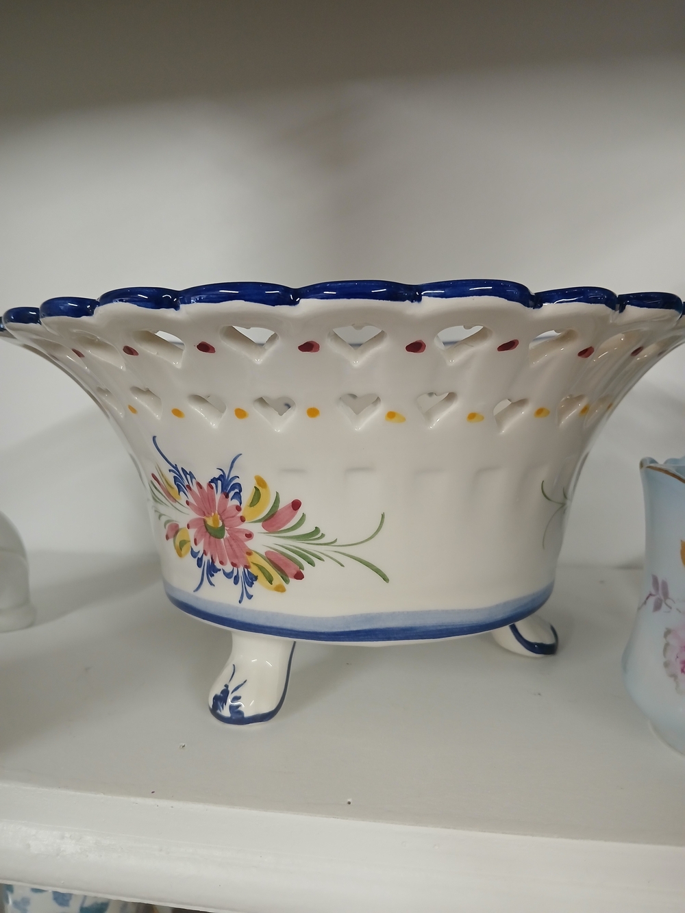 Hand-Painted Floral Ceramic Footed Bowl in White and Blue